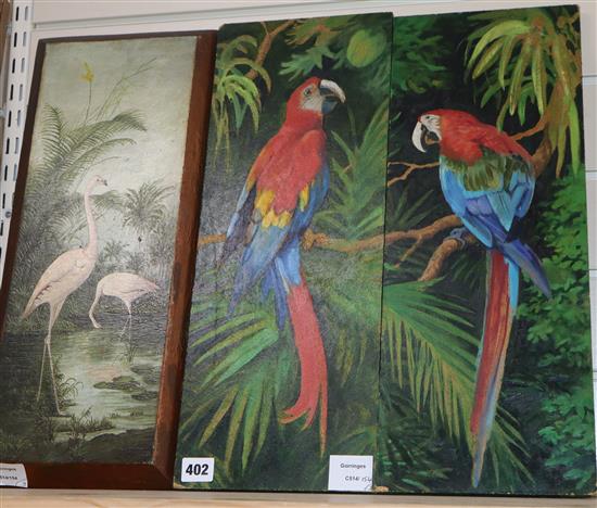 English School c.1910, oil on panel, Flamingos, 46 x 17cm and a pair of oils on panel of parrots, possibly by Lady Sarah Ponsonby, 50